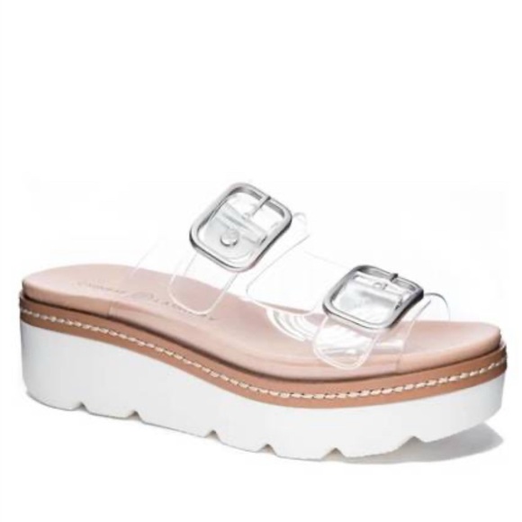 Chinese Laundry White and Brown Platform Sandals with Clear Buckle Straps - Picture 3 of 7